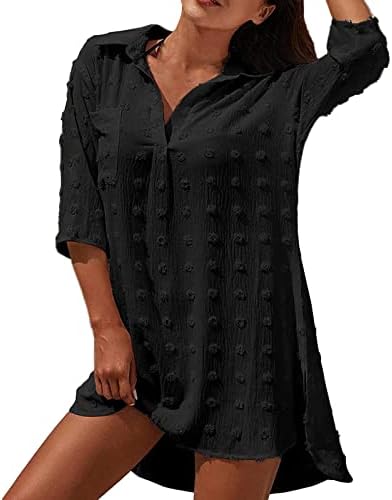 Lariau обичен летен фустан, женски костим за капење на плажа бикини плажа од одмор плажа прикриена кошула џеб фустан официјална постелнина фустан црна