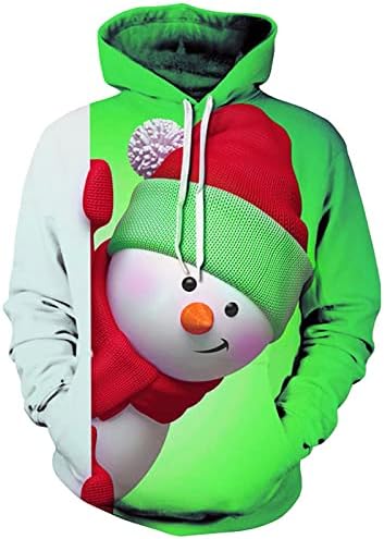 Саксигол Божиќни дуксери за мажи Графички дизајн, смешен 3Д графички Божиќ пуловер, преголеми врвови на џемпери со качулка