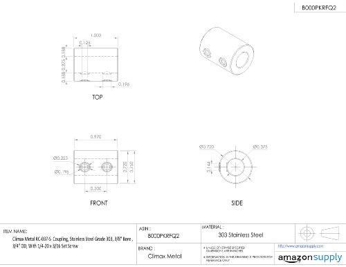 Clax Metal RC-037-S спојување, не'рѓосувачки челик одделение 303, 3/8 Bore, 3/4 OD, со 1/4-20 x 3/16 Поставете завртка