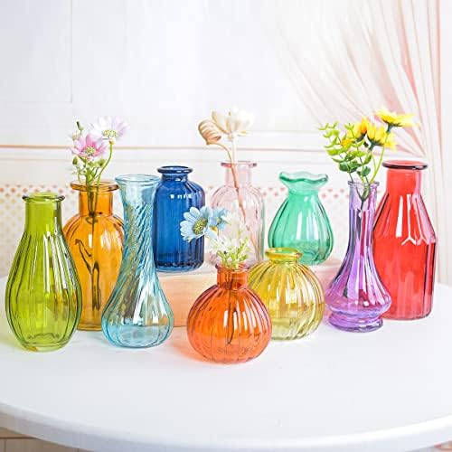 Елегантно време пупки вазни за цвеќиња, стакло во боја на пупки во рефус сет од 10, мало гроздобер вазно шише за украси за венчавки, градина и
