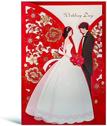 Hosmsua 5x7,3 инчи 50 парчиња празно црвен ласер исечени картички за покани за венчавки со невеста и младоженец златен цветен џеб за ангажман
