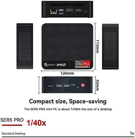 Beelink SER5 Mini PC W11 Pro, AMD Ryzen 7 5800H, 16GB DDR4 1TB NVME SSD графики 8 Core 2000 MHz WiFi 6/BT5.2/DP+HDMI+Type-C Triple Display