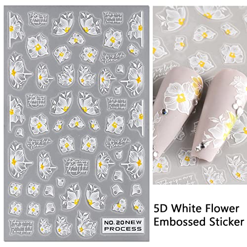 Налепници за налепници за уметност со цвеќиња 5д бела врежана маргаритка роза само-лекав дизајн нокти Арт материјали Исклучителна ливчиња