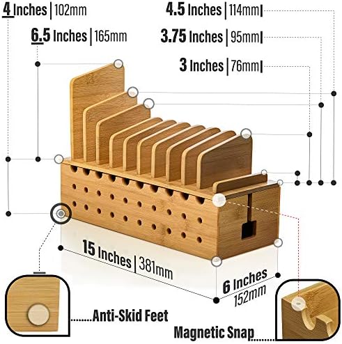 Избор за избор на бамбус кутија за бамбус со таблети и смартфонски штанд за картички од 4х6 инчи 10 уреди бамбус станица за полнење на станици со кабелски кабел за орг