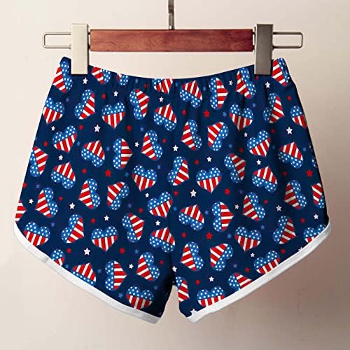 Lmdudan Women Брзо суво пливање шорцеви 2023 Ден на независност Американско знаме печатење на плажа од плажа, лабави удобни кратки панталони