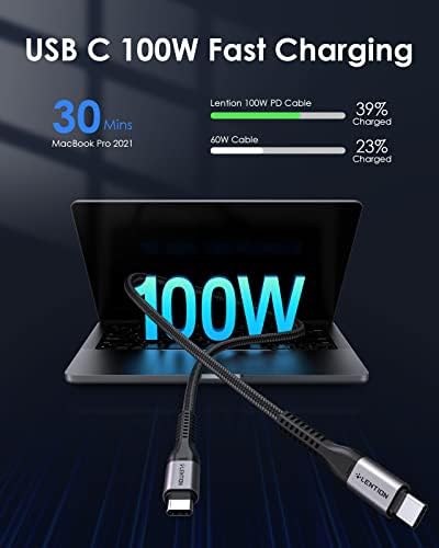 Lenter USB C до USB C кабел 6.6FT 100W, тип C 20V/5A Брзо полнење плетенка кабел Компатибилен нов MacBook Pro/Air, iPad Pro/Air/Mini, Surface,