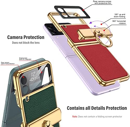 Кумвум [Надграден] Случај За Samsung Galaxy Z Flip 3 5g Метален Прстен Kickstand, Заштита Од Магнетна Шарка, Позлата Браник Кожен Капак Со Заштитник На Екранот-Црна