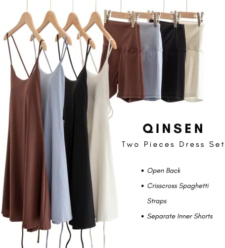 Qinsen жени две парчиња тениски фустан со тренингот со шорцеви отворени активни фустани за голф