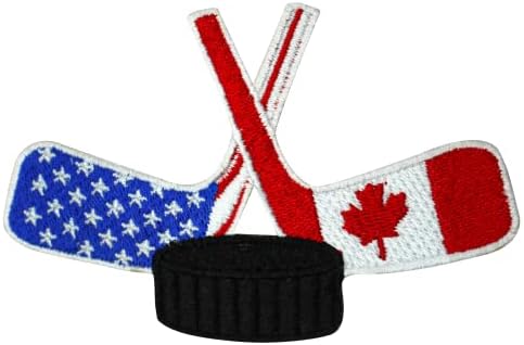 Хокеј стапчиња за лепење на хокеј, хокеј САД и Канада со знаме извезено железо на шиење на лепенка за облека итн. 10х5см