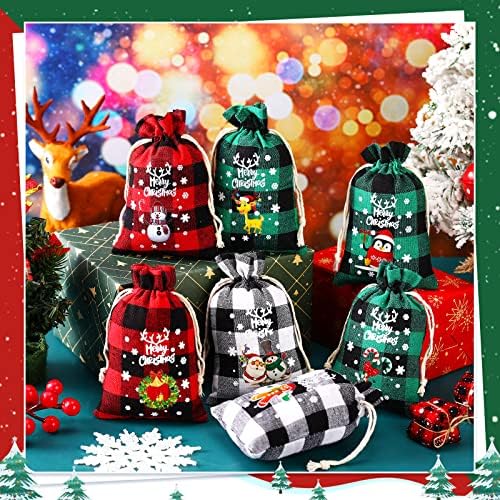 Нуанчу Бурлап Божиќни Торби За Влечење Божиќни Ленени Кеси Бафало Карирани Божиќни Торби За Подароци Торби За Божиќна Корист Торби За Накит
