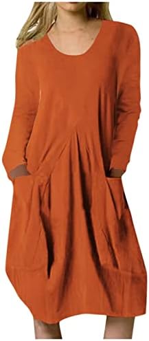 ЈУЕДАДА женски памучен постелнина џеб фустан со долг ракав екипаж на цврста боја миди фустани плус големина празнична забава Дресес