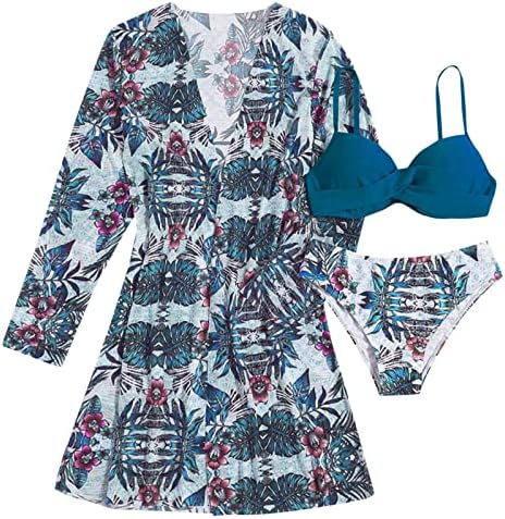 Leceенски моден моден моден мода со три парчиња пливање, притискање на цветни печатени бикини поставува лесни мрежи со долга ракава плажа