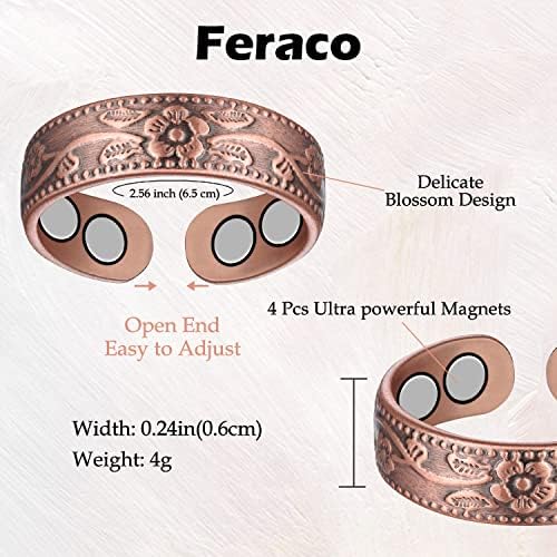 Ферако 2 парчиња магнетни бакарни прстени за жени, 99,99% чист прстен за палецот на бакар за жени, ringвонат со прилагодливи прсти со кутија за подароци за накит