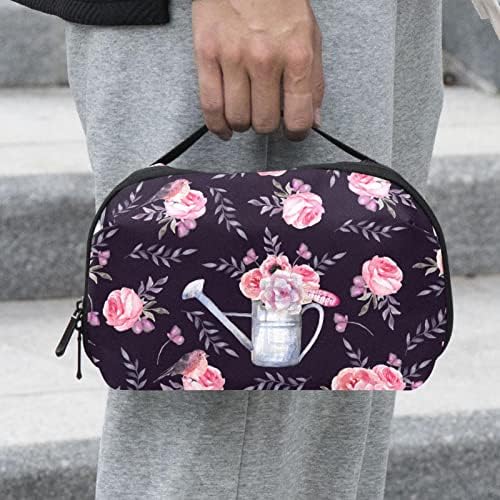 Козметичка Торба За Жени, Симпатични Пространи Водоотпорни Торби За Шминка Патуваат Насликани Розови Цвеќиња Шема Црна Тоалетна Торба Додатоци