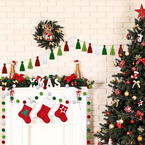 6 Парчиња Божиќен Банер Декоративен Ѕид Виси Вклучуваат 4 Парчиња Пом Пом Топка Венец И 2 Парчиња Ресел Венец Шарени Ресни Банер