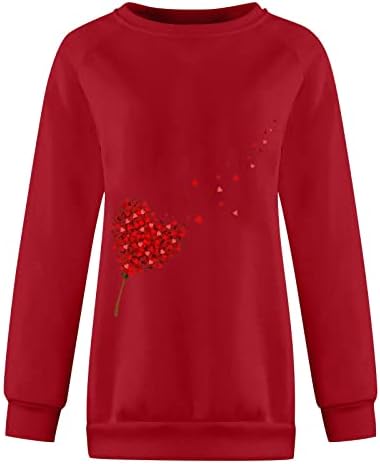 Женски џемпер срце графички екипаж на екипажот џемпери за џемпери, цветни печатени врвови жени, симпатични градиент кошули со долг ракав
