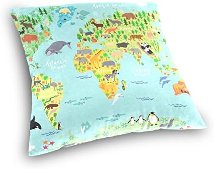 U Lifeивотот симпатичен цртан филм Детски животни светски мапа декоративна плоштад фрлања со перници за капаци за заштити памук 18
