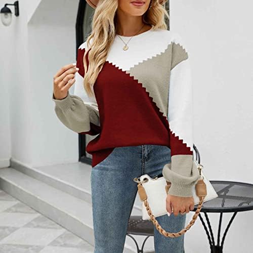 Womenените џемпери врвови мода во боја блок преголем пикал пулвер со долг ракав О-врат лабава лента плетена скокач врв