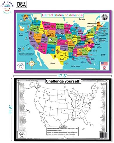 За Разговор Мапа НА САД-Детски Едукативни Плакети За Трпезариска Маса или Училница-Направени Во САД, Еднократно, Забавно Учење