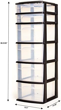 Homz Plastic 6 Clear Draight Medion Cantome Cantainer Cantainer Tower со 4 големи фиоки и 2 мали фиоки, црна рамка