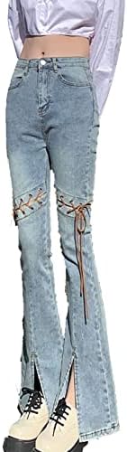 Женски исечоци на глуждот Флејл фармерки со високи половини слаби bellвонче на дното тексас панталони обични тенок фит задник лифт широко