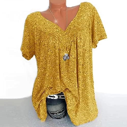 Women'sенски плус големина врвови со долги ракави v врат блузи проток на лабаво копче лето цветно печатење врвови со џеб со џеб