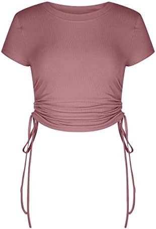 Womenените 2023 година со кратки ракави екипаж на вратот на вратот на вратот на вратот, обичен плетенка, пукана обична блуза маичка за дами Q6
