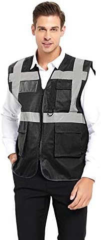Toptie 5 џебови за безбедност на висока видливост со рефлексивни ленти, работна униформа елек-црна-xl