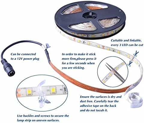 Guotong бели LED ленти светла, водоотпорна сечење 300 SMD 2835 LED лента, 6000k 12V 16,4ft/5m Флексибилна лента, осветлување на кујнски