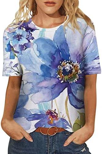 Симпатични врвови за жени летни женски обични печатени маички екипаж на вратот со кратки ракави лабави врвни кошула жени со долг ракав