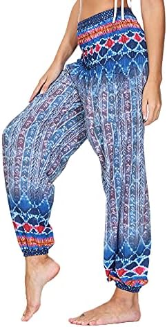 Printенски печатени јога панталони на ISJJL цветаат обични панталони Спортски панталони со широко нозе печатено памучно постелнина лабава хареми панталони