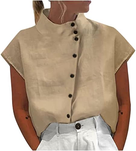 Памучни постелнини блузи за жени со цврста ракав капаче за вратот на вратот маичка со маички надолу кошули летни обични лабави врвови