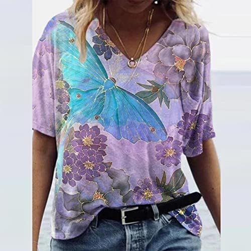 Женски врвови 2023 летен обичен трендовски кратки ракави против маички со вратот плус големина цветни кошула симпатични маички фустани блузи
