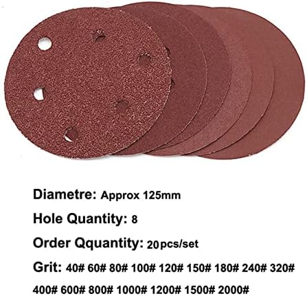 Rakute 20 парчиња 125мм 5 инчи дискови за пескарење на кука 8 дупки за шкурка на дупки поставени 40GRIT-3000GRIT Sander Disc Абразивни