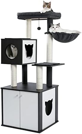 Се-во-едно мултифункционално мачко дрво Модерно дрво кула со мачки со мачки кутии за легло, кутија за мачки, врвен перч, голем хамак и гребење