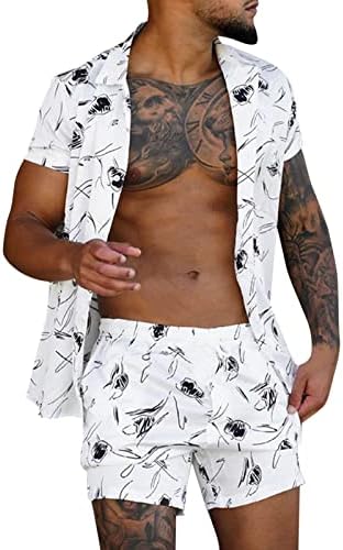 Машки маички за мажјаци за летни шорцеви и кратки панталони со ракави со 2 парчиња печатени мажи од плажа костуми и комплети