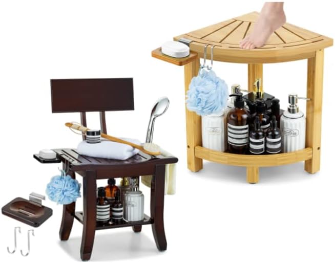 Етехмарт бамбус клупа за туширање со сад за грб и сапун, орев+бамбус агол столче за туширање за бричење на нозете одмор на нозете, бамбус