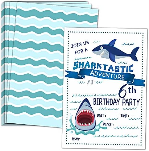 укебобо Покани за Забава на 6-ти Роденден Со Пликови-Покани За Роденден На Ајкула, Украси За Забави На Ајкули - 20 Картички со Пликови (си-06)