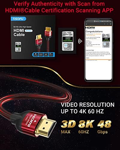 Тисофу [Ултра Сертифициран 8K HDMI Кабел 10FT: HDMI 2.1 Кабли 48Gbps Врвен Плетен Кабел СО Голема Брзина 8K@60Hz 4K@120hz 4K@144hz HDCP 2.2&засилувач;
