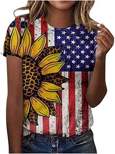 Маици со американско Знаме За Жени 4 јули Патриотска Маичка Симпатична Сончоглед Печати Кратки Ракави Блуза Маица