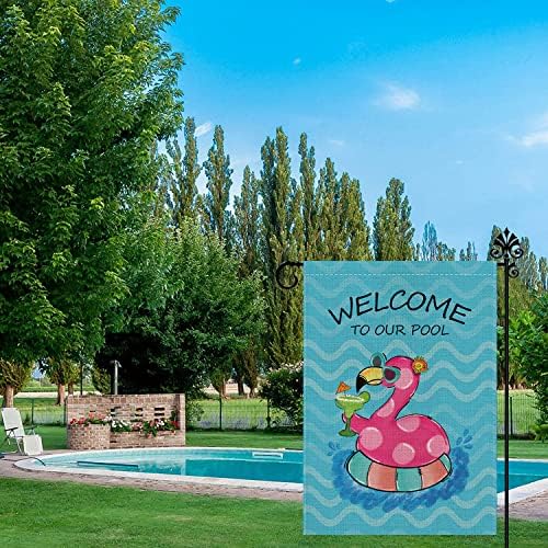 ЛЕТСКИ ГРАДЕН знак за знаме на базен Фламинго Декорација на базен сезонски отворен фарма куќа двор вертикална двострана 12,5х18 инчи