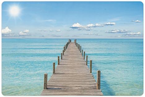 Лунарен Пејзаж Милениче Мат За Храна И Вода, Дрво Пјер Палуба Во Реката Небото И Сонцето Лето Патување Тема Уметност Печатење, Правоаголник Не-Лизга Гумени Мат За К?