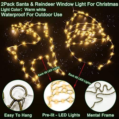 [8 режими и тајмер] 2 парчиња Божиќни прозорци, 50 LED Дедо Мраз 38 LED ирваси Божиќни прозорец украси Далечински батерии управувани водоотпорни