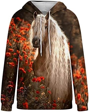 Женски моден коњски графички качулки со качулка, џуџиња за џвакачи, обични врвови со долги ракави, маички од кошули надвор од облеката