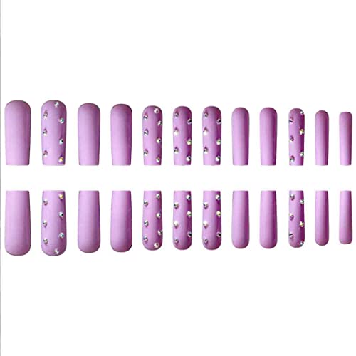 Enpode Долго Притискање На Ноктите Квадратни Лажни Нокти Виолетови Нокти Со Кристали Целосно Покритие XL Нокти 24 КОМПЈУТЕР/Сет