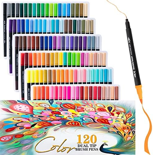 Jinин Чи Менг Jinинкименг 120 бои со двојна четка, маркер, пенкало за цртање, пенкало за акварел, уметник фино брадавица, погоден за возрасни