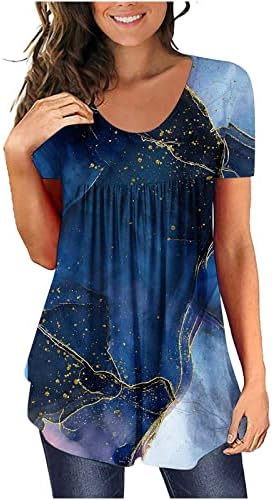 Женски врвови ја кријат стомакот Туника 2023 летни маици со краток ракав, долги проточни маички обични облечени блузи што треба да се носат