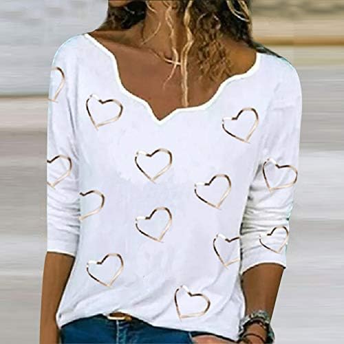 Womenените со ракав со долг ракав Асиметричен врат со долга блуза Печати жени срца највисока маица пулвер женски