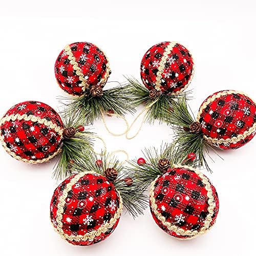 Kinmris 6pcs Божиќни карирани украси со топка - 3 инчи црни и црвени биволи карирани ткаенини топка орнаменти со црвени бор конуси