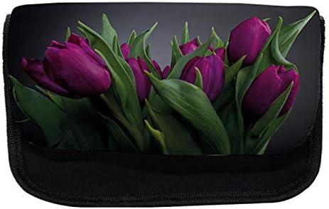 Зачудувачки пурпурен лале со молив, цвеќиња и лисја, торба со молив со ткаенини со двоен патент, 8,5 x 5,5, виолетова зелен јаглен сив
